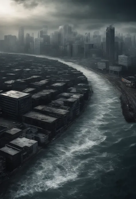 Create a cinematic cityscape，Towering tsunami waves pound the city skyline. The lens should capture the absolute power and destructive power of the wave, The building in the foreground is partially submerged, debris flying, and the feeling that disaster is...