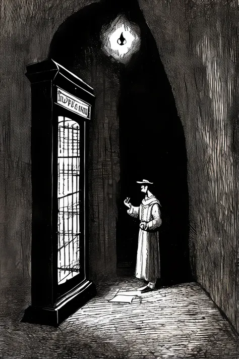 realista (Illustration of a book:1.1) de (o inferno:1.3) , intricate composition , , detalhado, epic stark lighting, Estilo Gustavedore, Homem (sozinho) estilo Matt smith (com jaqueta e gravata borboleta), next to a phone booth