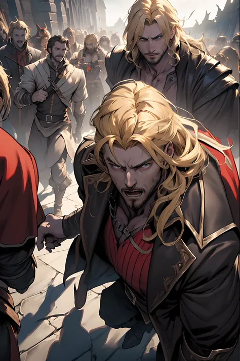 Castlevania Shadow Lord blonde hair very detailed hyper realistic face super detailed Dynamic shot masterpiece wide environment cinematic scene scenes from the movie Lord Dracula leading troops armed with demons in battle Hyper realistic war