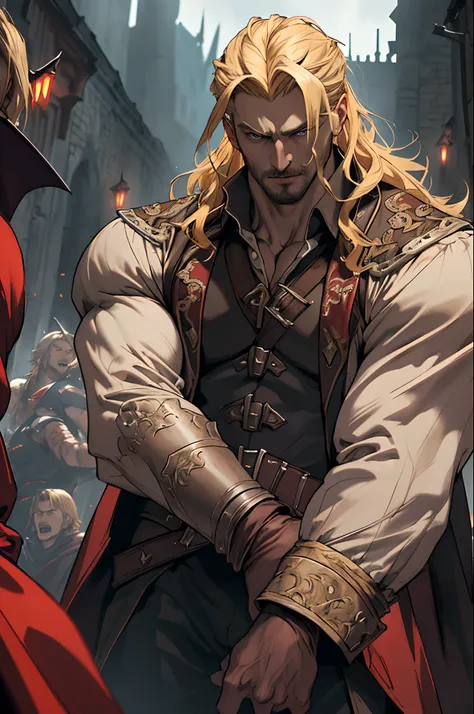 Castlevania Shadow Lord blonde hair very detailed hyper realistic face super detailed Dynamic shot masterpiece wide environment cinematic scene scenes from the movie Lord Dracula leading troops armed with demons in battle Hyper realistic war