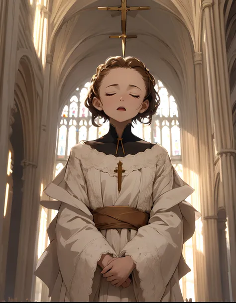 perfect anatomy,super detailed skin,beautiful detailed eyes,highdetail,best quality,masterpiece,8k,1girl,solo,10yo,short stature,french braid,pale flaxen short hair,fluffy wavy hair,(forehead),gospel gown,(close eyes and sing a song),hymn to the fallen,Cho...