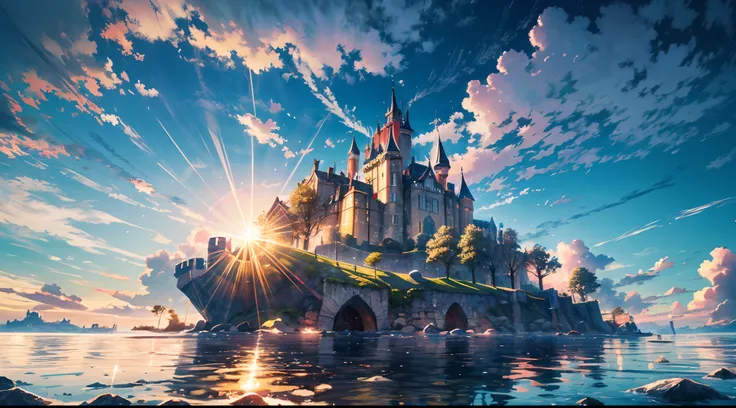 A majestic castle floating on a sky island, reminiscent of an England-style fortress, suspended above fluffy clouds, (shot from below:1.4), basking in the warm glow of the sun, radiating vibrant colors, Masterpiece