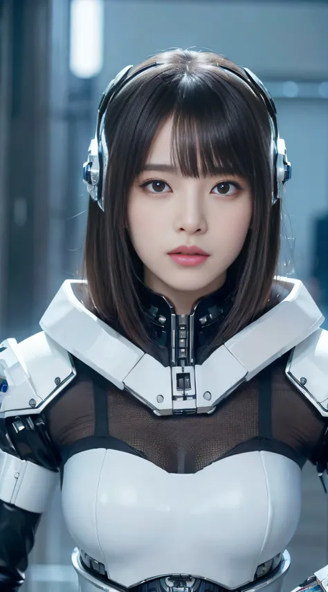 ((top-quality、8K、tmasterpiece:1.3))Wearing a silver-white mech，Girl with delicate face，The highest image quality，ultraclear，The facial features are delicate and clear，Armageddon，machine arm，exquisitedetails，Mechanical pattern,cyber punk perssonage、Cyber Ci...