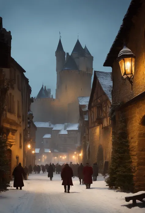 medieval city, winter, evening, city patrol, snowing, people walking, visible castle