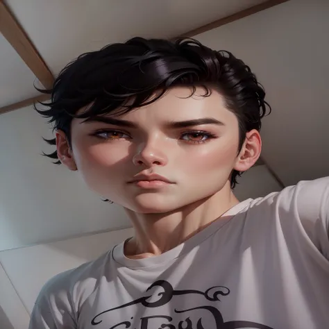 Around 18 years old, young anime man，Short black hair 1.5，Wear a plain white shirt，Sitting on the edge of the bed in the room with a sad expression（Indo blackened 1.5）（The background is in the room in the village：1.5），Anime style 4K，Anime rendering，style o...