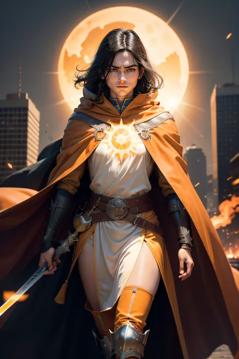 Knight man dark hair wearing cloak, yellow and orange {{{holding a sword}}} (cloak:1.2), with a sun symbol white tunic with sun symbol on chest, sci-fi weapons, explosions, city on fire in background, portrait- Deep Focus , 400mm f/5.6 Multicolored --aspec...