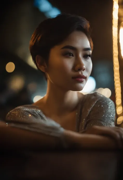 modern petite 18 year old young woman, indonesian, jakarta, movie, wearing dress, short pixie hair, floppy hair, messy hair,  looking sultry, cinematic, photo real,, backlit, panavision, depth of field, night time, sexy, bed,  in a discreet club, 21st cent...