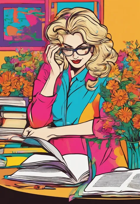 Quality first,masterpiece in detail,Middle-aged woman wearing glasses,sportrait,closeup cleavage,Several cute kids reading a book,in class room,fresh flowers,Rich in color