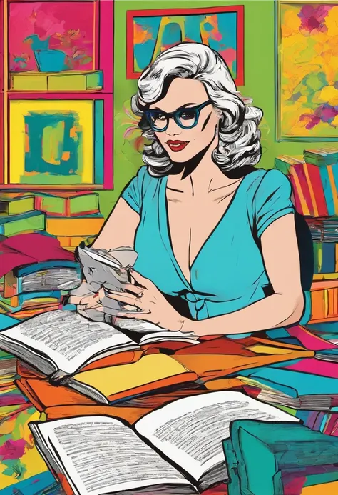 Quality first,masterpiece in detail,Middle-aged woman wearing glasses,sportrait,closeup cleavage,Several cute kids reading a book,in class room,fresh flowers,Rich in color