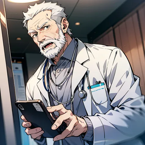 An elderly male doctor，Gray hair baldness，Wearing white doctor clothes，Standing in a hospital consultation room with a phone in his hand（Open mouth 1.5）（The background is in the hospital：1.5），Anime style 4K，Anime rendering，style of anime，8K fineness，（Upper...