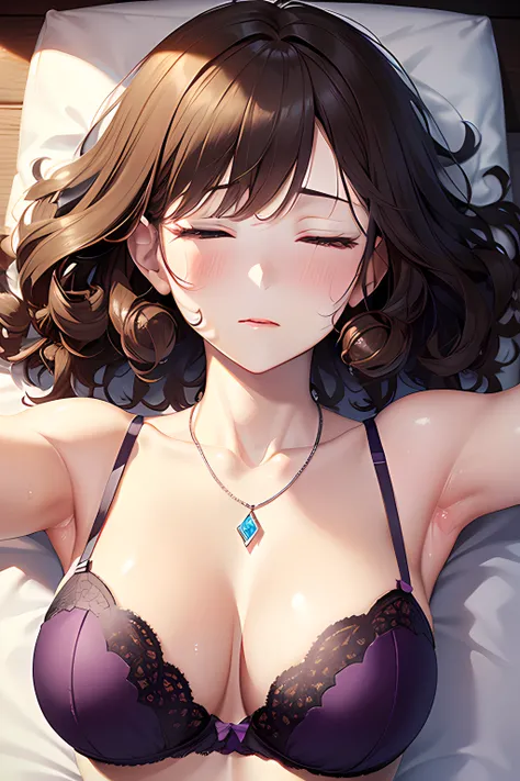 ((nsfw:1.4, masterpiece, best quality, highres, UHD, perfect pixel, depth of field, 4k, RTX, HDR))), 1girl, single, solo, beautiful anime girl, beautiful artstyle, anime character, ((long hair, bangs, dark brown hair, messy hair:1.6, curly hair)), ((curly ...