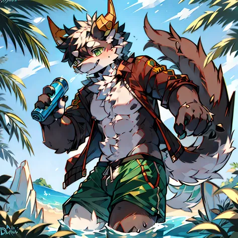 solo person，shaggy male，Furry，drak，Dragons horn，Oriental Dragons，Black and white fur，greene eyes，water gun，sandbeach，laughingly，swim trunks