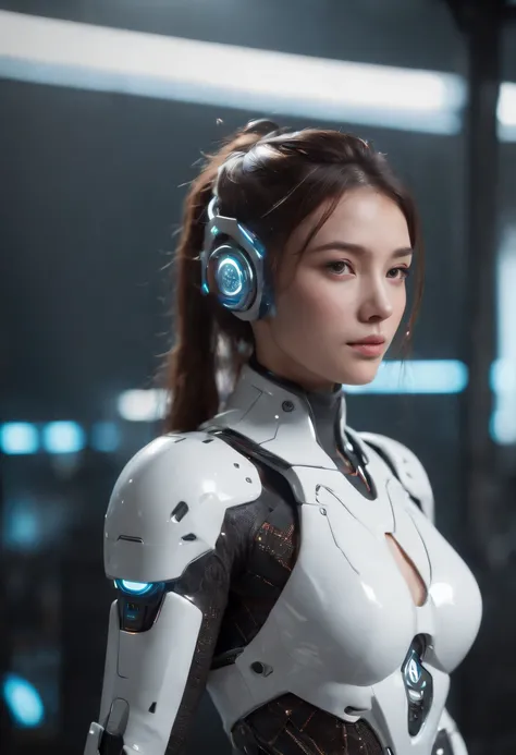 ((Top  Quality)), ((​masterpiece)), ((realisitic)), (The Details), (Photorealcitic:1.5), The Girl of the Future, Japanese people,(thick body), (White bodysuit), 23years old,The armor lights up, Cybernetic hat, Abdominal exposure,Looking at the camera, dyna...