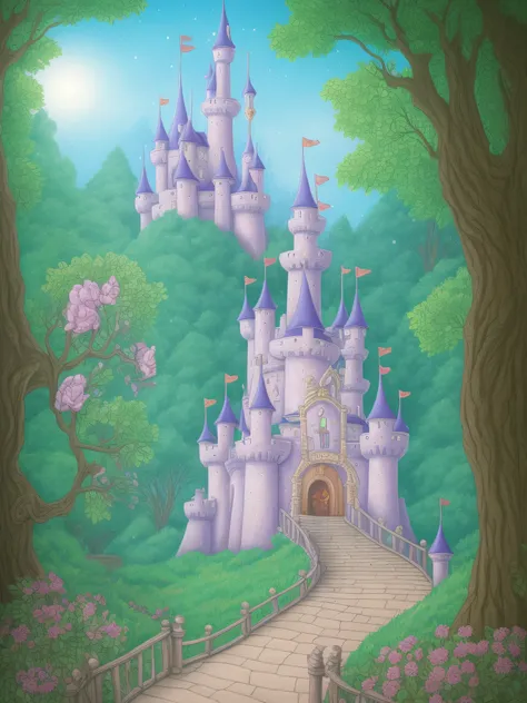 Princesss Castle　Entrance to the Enchanted Forest in the distance　picture book-style　illustratio