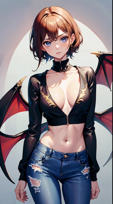 Masterpiece, High quality,1girll,Solo,Middle breast , Short hair, (hair between eye),(00BFFE Pixie cut), Bat wings, Disappointed face,(Embroidered sweater, Cropped flared jeans, Leather blazer)