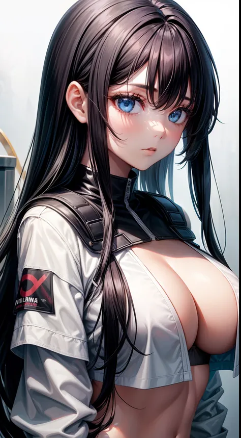 1girl, black hair, long hair, white, big boobs, bra, crop jacket, milkway, asteroid, back, bigbang