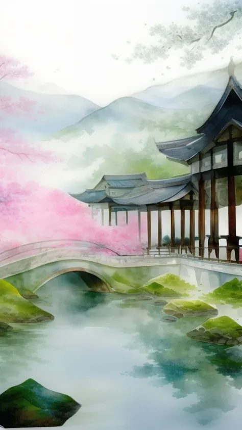 beautiful chinese landscape art, best quality, intricate, water colors, traditional, serene, misty mountains, flowing rivers, lu...