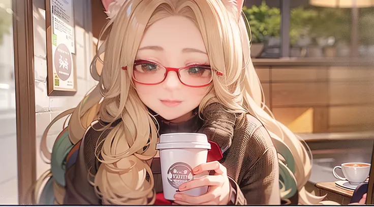 A girl., Green-eyed blonde girl, long-haired, cat ears girl, Dawn Hair, Cute Smiling Girl,  Age 20, eyeglasses, Wear casual clothes. , Sip coffee, In a café, Bust size just right., red cheeks,