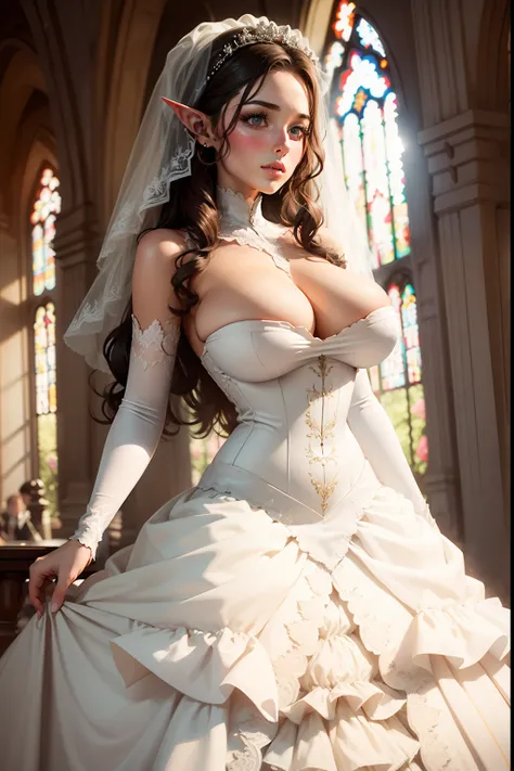 Meisterwerk, Beautiful woman in wedding dress, kapelle, guests, blumen weisses kleid, big boobs, cleavage, elf