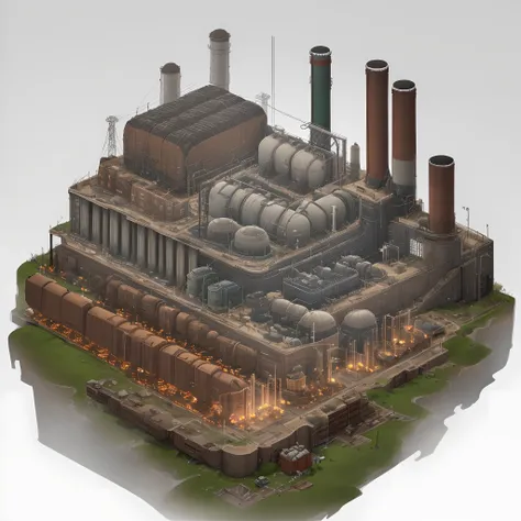 Power station, post-apocalyptic, dystopia core, abandoned, isometric, detailed objects, aligned to grid, electric current passing, rusty, dirty, left view, white background --v 4