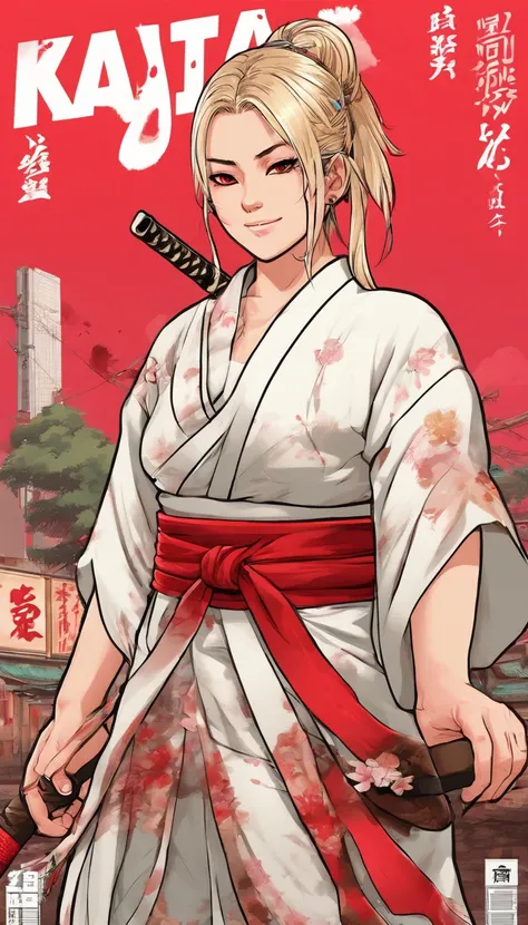 top-quality、Top image quality、​masterpiece、girl with((18year old、Black kimono、Best Bust、Bust 85、a blond、poneyTail、Red Eyes、open chest wide、Happiness、Return blood、Holding a Japan sword)）hiquality、visualart、Background with((chee))、Black and white world