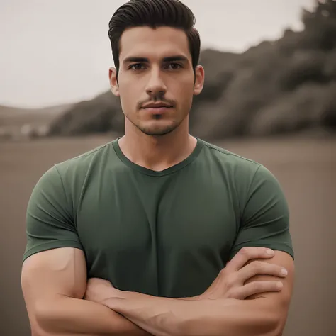 Modern man reinaldo, medium size, medium hair, Latin white, no beard, blurred landscape sepia, dark green T-shirt, full body