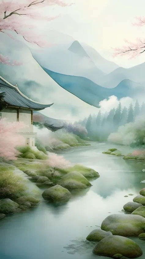 beautiful chinese landscape art, best quality, intricate, water colors, traditional, serene, misty mountains, flowing rivers, lu...