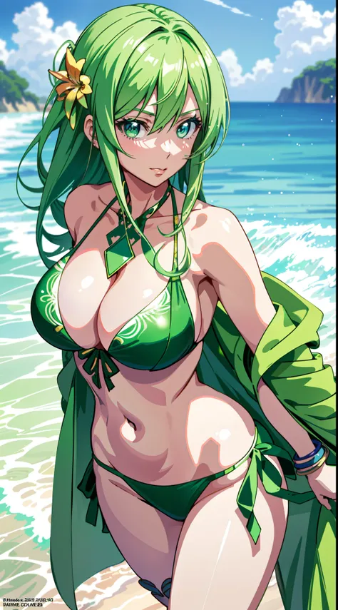 Close-up of a woman in a bikini and green coat, seductive anime girls, beautiful and seductive anime woman, Anime goddess, Beautiful anime woman, attractive anime girls, Beautiful anime girl, hyper realistic anime, Extremely detailed Artgerm, anime woman, ...