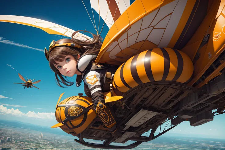 beautiful young girl is flying over the city on the back of a giant hornet, fractal art