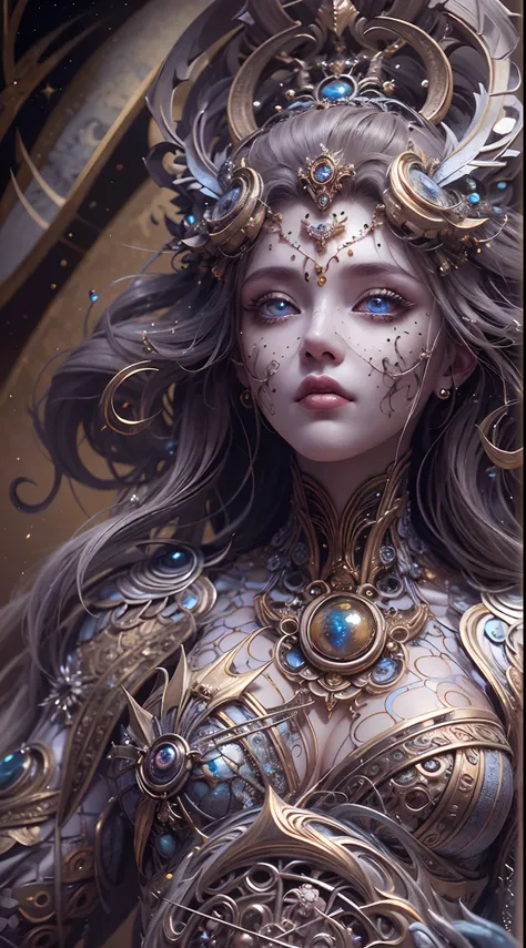 （best qualtiy，ultra - detailed，Most Best Illustration，Best shadow，tmasterpiece，A high resolution，professionalartwork，famousartwork），Detailed eyes，beautidful eyes，closeup cleavage，sci-fy，colored sclera，Robot eyes，face markings，Tattooed with，（fractalized，Fra...