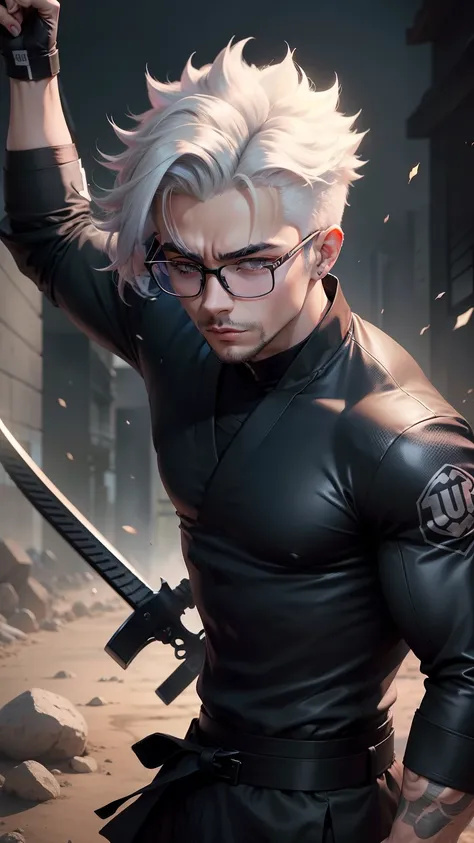 1 Boy with glasses. Cabelo branco. Badas. Serio. black glasses, roupa toda preta. Gojo (Jujutsu kaysen). Anime. Fundo roxo. Melhor qualidade. 8k. Muitos detalhes. Super detalhado.