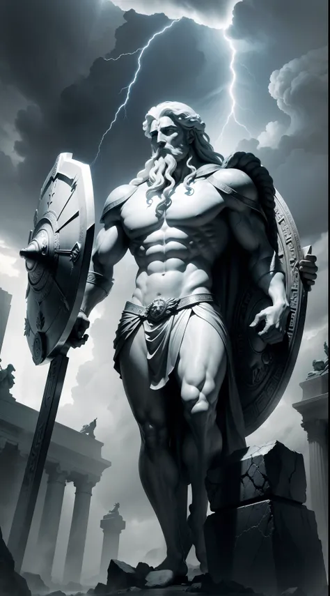 Zeus holding the aegis shield, with Medusas head adorning it, in the midst of a storm.