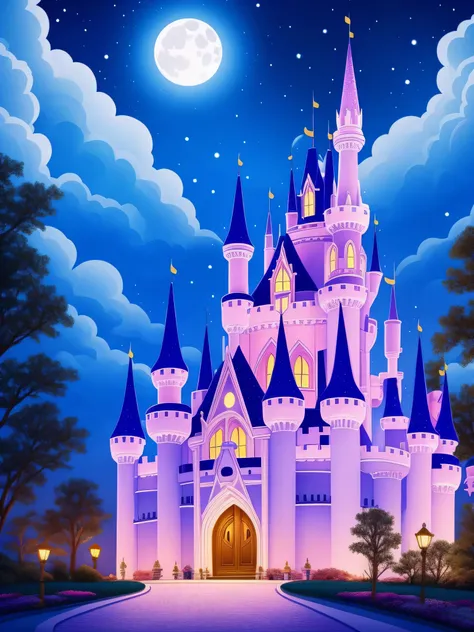 Princesss Castle　Moonlit sky　moonlit night dreamy atmosphere　picture book-style　illustratio