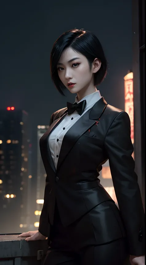 (A beautiful 25 years old Asian female vampire:1.4), (short black hair:1.2), (pale skin), (detailed skin:1.4), (serious face), (wearing black tuxedo:1.4), (waist up shot:1.2), view from front, (dynamic action pose:1.2), (chiaroscuro lighting:0.8), (buildin...