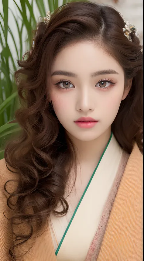 one Mexican teen model , hair model, Unique curly hair details, kimono fashion, Near future , double eyelid, plump lips, beautiful detailed eyes, professional makeup