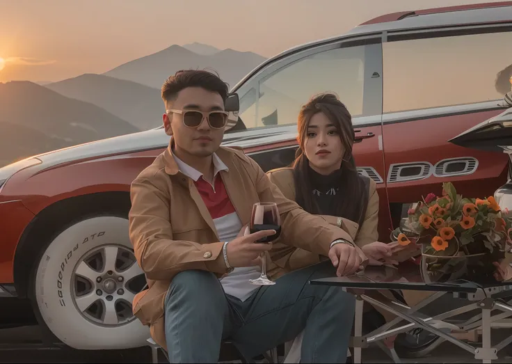 Two people sat in chairs drinking a glass of wine, With sunset, very very low quality picture, ash thorp khyzyl saleem, with the mountains in the background, cute couple, candid picture, hoang long ly, khyzyl saleem, with a sunset, Profile picture, Profile...