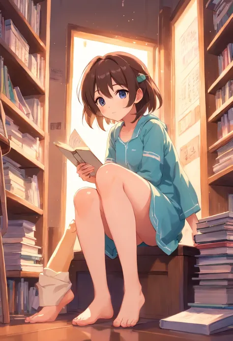 a cute loli，Barefoot，Tummy down，Look up at your head，raise her legs，shift dresses，white  panties，largeeyes，Cute faces in anime，looking at book，Wet