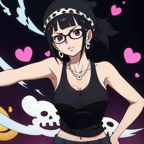 teenage, anime girl, glasses, freckles, black hair, black tank top, bangs, shorts, short hair, skull earrings, black skull beanie, open clothes, ponytail, medium layer hair, large breasts, high quality, armpits, looking at viewer, black background, heart n...