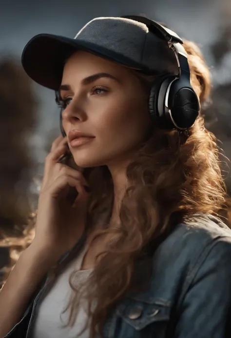 Create a realistic image of a 25-year-old woman. She has light freckles on her face. Ses cheveux sont mi-longs, elegant polar white. Elle porte une casquette et un casque de gaming assortis. She is dressed in comfortable jeans with a casual blouse. La jeun...