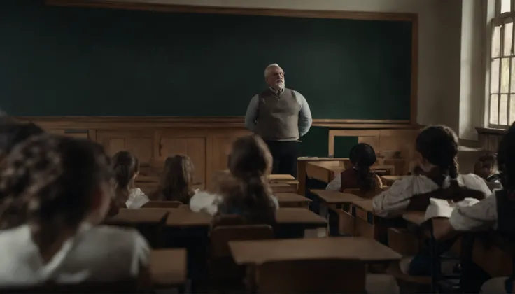 photo of old classroom, ((old teacher)), teaching in front of classroom full of students, black board, chalk, many students, inland, calm vibe,