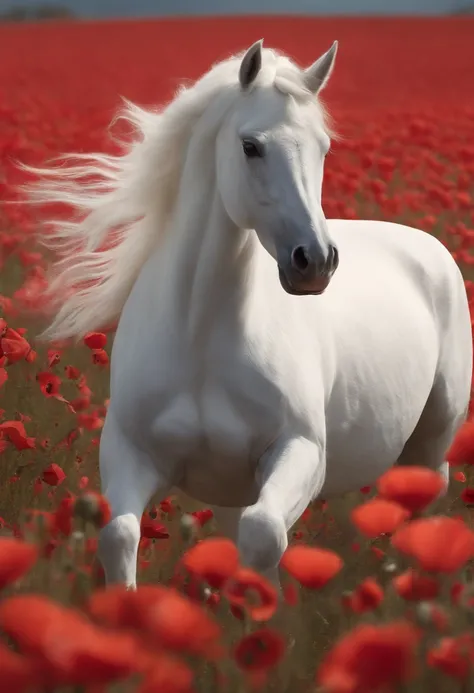 a white unicorn walking through an red field of poppies ,animated gifs