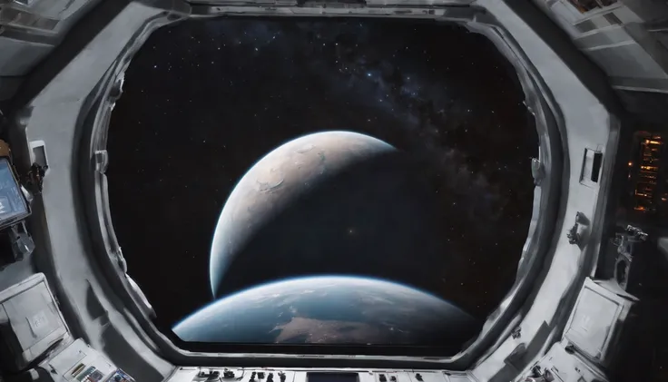 La apariencia de la nave espacial. From the window you can see the landscape of the alien planet, The entire space is filled with work consoles with electronics and screens, Full HD