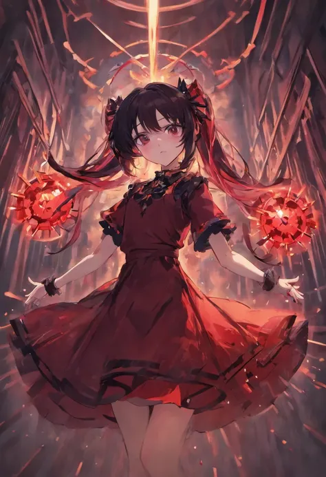 Expressionless,,(Dark Fantasy),((Wonderful Illustration)),(Detail Splash), long black hair, red pupils, girl, pure black dress, only the collar, cuffs and skirt are dark red, ears Pinned to the side is a red butterfly barrette, masterpiece, best quality, h...