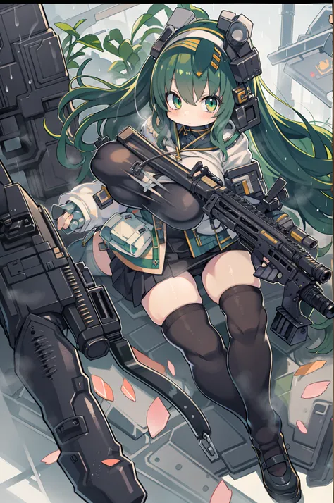 (((Huge assault rifle)))、Long sideburns、Anime-style girl with beautiful whole body, Little Girl,clean detailed faces, ciber,analogous colors, Glowing shadows, beautiful gradients, depth of fields, CLEAN IMAGE, High quality,Black Parker Clothing、 high detai...