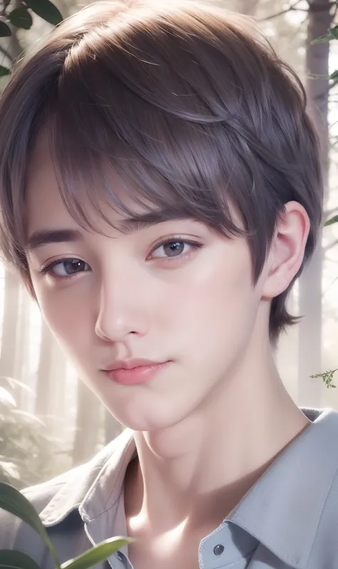 1 man , soft boy , beautiful , gray eyes , gray hair, white clothes , soft , forest background , soft , boy , gay , uke , smile , 19 years old ,