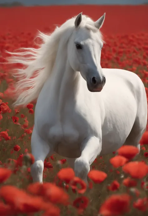 a white unicorn walking through an red field of poppies ,animated gifs