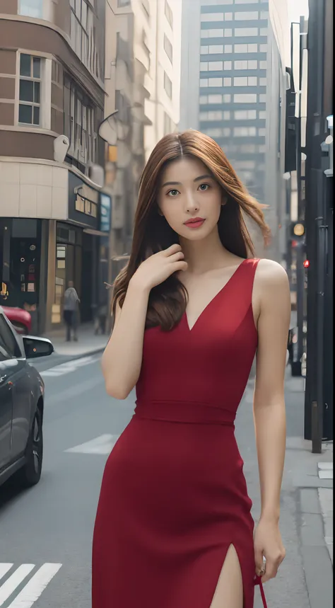 ((Realistic lighting, best qualtiy, 8k, tmasterpiece:1.3)), sharp fokus:1.2, 1girl, Beautiful Women with Perfect Figure:1.4, Slim abs:1.1, ((dark brown  hair)), (red dress:1.4）,（exteriors，In the daytime：1.1），the city street，Ultra-fine face，Fine eyes，二重まぶた，