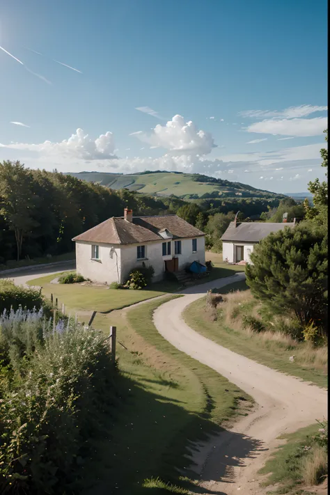 (retouched:1.6), photo of house in lonely village (on hill), on an island