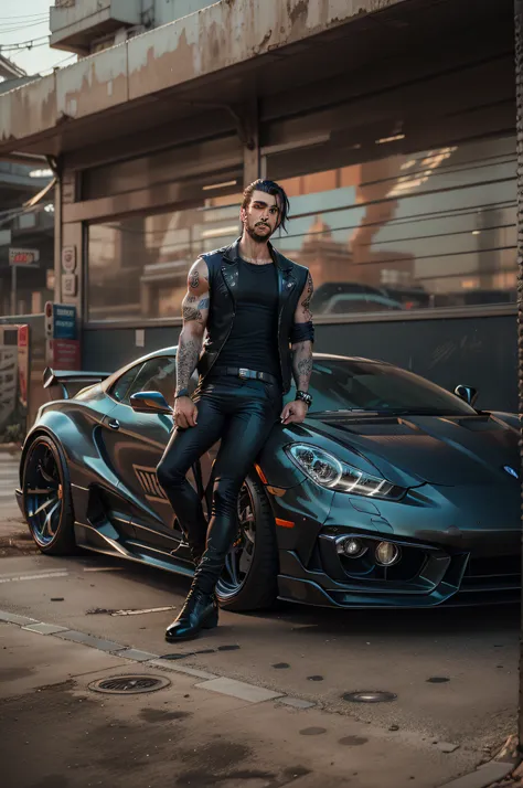 handsome man posing with his car, cyberpunk car