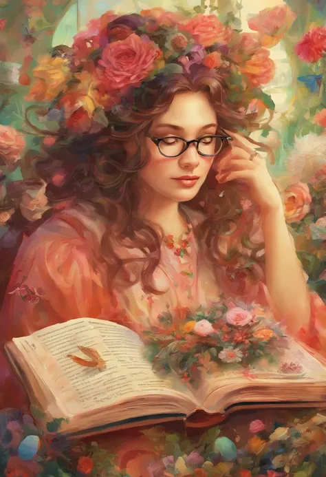 Quality first,masterpiece in detail,Middle-aged woman wearing glasses,Be a teacher,sportrait,closeup cleavage,and five cute kids reading a book,in class room,fresh flowers,Rich in color